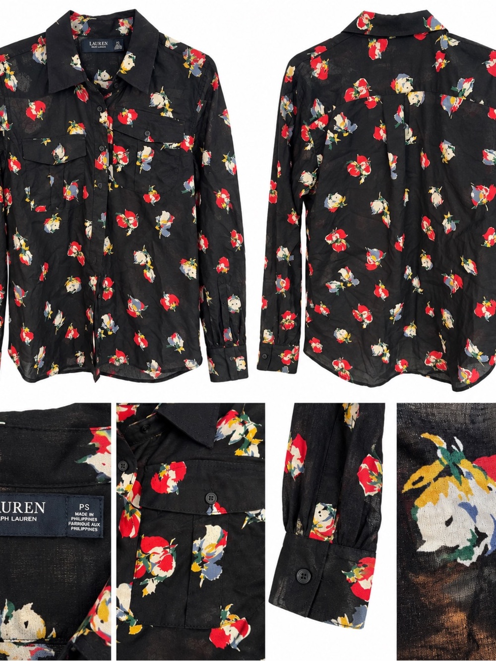 Lauren Ralph Lauren Floral Button Down Blouse Black Size S